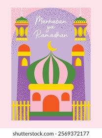A flat illustration-style poster featuring a mosque with hanging lanterns and crescent moon, perfect for Marhaban Ya Ramadan greetings and festive event decorations.