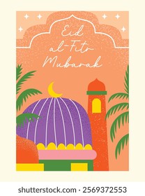 A flat illustration-style poster featuring a mosque dome with palm trees and crescent moon, ideal for Eid Mubarak greetings, festive decorations, or event promotions.