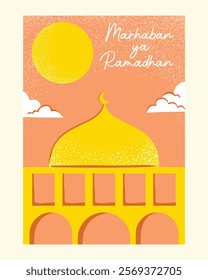A flat illustration-style poster featuring a mosque with a bright sun and minimal background, perfect for Ramadan greetings, decorations, or festive campaigns.