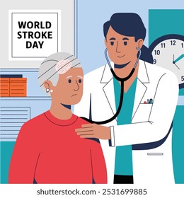 Ilustração plana com um médico atendendo um paciente sentado em seu consultório.
