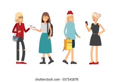 Flat illustratuion set of female students keep paper coffee cup and chatting with each other . Fashion students. Young and stylish girl. Trendy youth. Beautiful young people. Friends