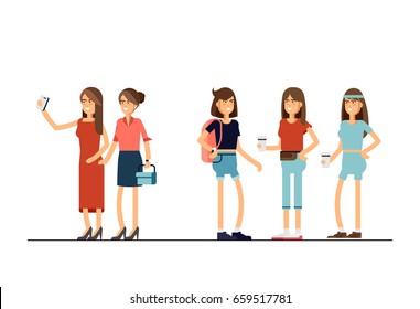 Flat illustratuion set of female students keep paper coffee cup and chatting with each other. Fashion students. Young and stylish girl. Trendy youth. Beautiful young people. Friends