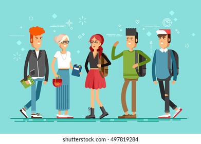 Flat illustratuion set of students with books. Fashion students. Young and stylish girl and boy. Hipster students. Trendy youth. Beautiful young people. Friends