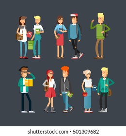 Flat illustratuion set of students with books. Fashion students. Young and stylish girl and boy. Hipster students. Trendy youth. Beautiful young people. Friends