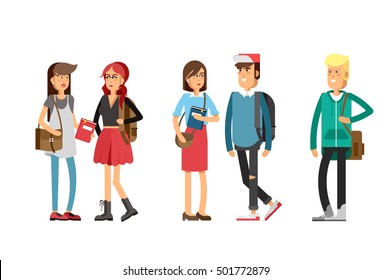 Flat illustratuion set of students with books. Fashion students. Young and stylish girl and boy. Hipster students. Trendy youth. Beautiful young people. Friends