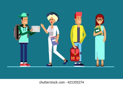 Flat illustratuion set of students with gadgets and books. Fashion students. Young and fashionable girl and boy. Hipster students. Trendy youth. Beautiful young people.