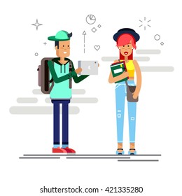 Flat illustratuion set of students with gadgets and books. Fashion students. Young and fashionable girl and boy. Hipster students. Trendy youth. Beautiful young people. Friends students.