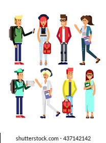 Flat illustratuion set of students with gadgets and books. Fashion students. Young and fashionable girl and boy. Hipster students. Trendy youth. Beautiful young people.