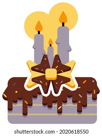 Silencio plano de tarta marrón y amarilla con velas encendidas.