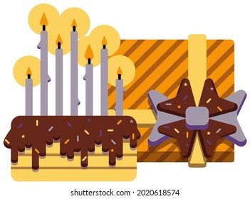 Flat ilustation of brown and yelow cake with lit candles and orange gift box.