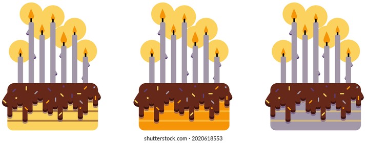 Flat ilustation of three isolated diferent colors cakes with lit candles on them.