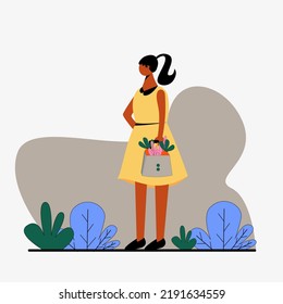 Flat ilustration character of girl bring vegetable on bag. Ilustration of women buy vegetables.