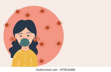 Flat Ilustration character of girl wears face mask during Coronavirus Pandemic background with copy spaces. Teenager with face mask protection wallpaper, avatar, banner and poster. Vector Ilustration.