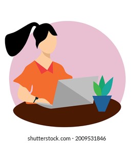 Flat Ilustration character of girl works from home using laptop. Woman doing works using laptop online. Freelancer Ilustration.