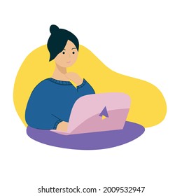 Flat Ilustration character of girl works from home using laptop. Woman doing works using laptop online. Freelancer Ilustration.