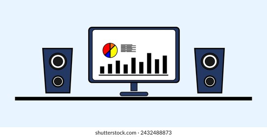 flat ilustration of led computer monitor and speaker displayed graphic data analysis 