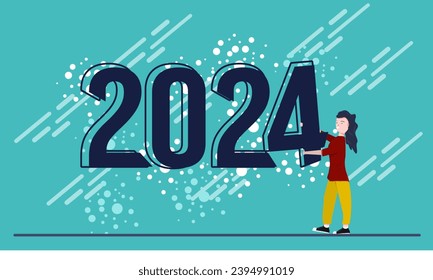 Flat Ilustration, Party, A woman holding a paintbrush and spraying the numbers 2024. Suitable for New Year's Eve events, art and creativity concepts, and 2024 year-end reviews. 