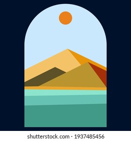 Flat ilustration poster of the window see out fot the sea, sun, and mountain can use for decoration of office or house with the concept of minimalism