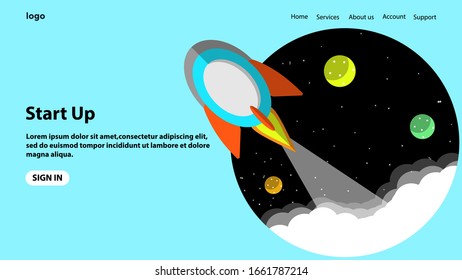 cohete de ilustración plana en la página de aterrizaje