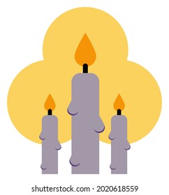 Flat ilustration of three lavender lit candles with yellow glow halo, no background.