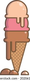Flat ilustration of waffle cone with beige, pink and brown ice cream balls in it, no background.