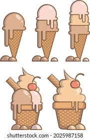 Ilustración plana de una taza de gofre con bolas de helado marrón chocolate, beige y rosa con cereza, crema batida y paja de wafer.