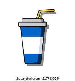Flat image of a blue glass with a drink and a drinking straw. Vector color illustration.