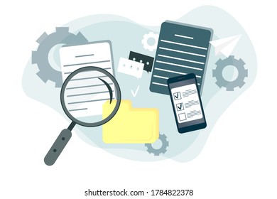 Flat image. Business documents under a magnifying glass, important information, office sheets of paper, agreements on a white background. Vector image.