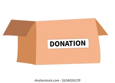 Flat image of a cardboard donation box with label, symbolizing charity, community support, and humanitarian aid.