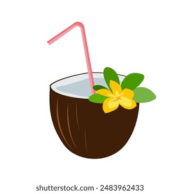 Flat image of coconut coctail. Hawaiian fresh exotic coctail.
