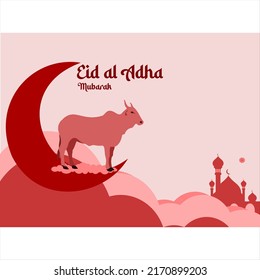 Flat image of cow, crescent moon, cloud and mosque. banner eid al adha. vector