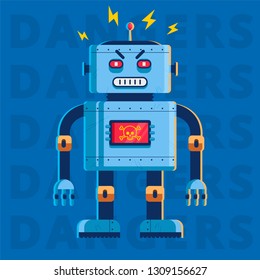 flat image of an evil killer robot. he is very angry. character vector illustration