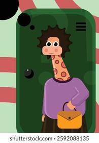 Flat image of a giraffe carrying a shopping basket, this image is suitable for a marketplace.