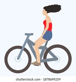 
Flat image of a girl and a bike. The girl rides a bicycle without holding the steering wheel. Vector image.