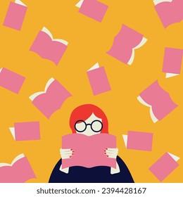 Flat image. A girl with a book in her hands with red hair, glasses, a pink book and a yellow background. Books fly around. Book club. Bright illustration in modern flat style. Vector illustration