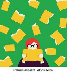 Flat image. A girl with a book in her hands with red hair, glasses, a yellow book and a green background. Books fly around. Book club. Bright illustration in modern flat style. Vector illustration