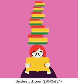 Flat image. A girl with a book in her hands with red hair, glasses, a yellow book and a green background. Books fly around. Book club. Bright illustration in modern flat style. Vector illustration