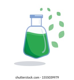 Flat image of a glass bottle with a breath of nature potion of green color and a loose leaf