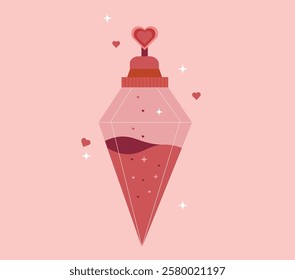 Flat image of a glass bottle with a pink love potion.Valentine Day cute greeting elements for card, poster, flyers, invitation. Potion of love coloring page. Valentine clipart