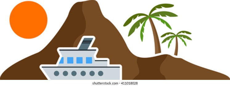 Flat image of graphic island with palm trees and ship