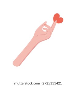Imagen plana de un gesto de mano con un corazón rojo. La palma abierta crea un gesto simbólico de amor y caridad. Asociado con temas de ayuda, solidaridad y Asistencia.