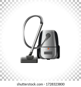 Flat image of house electric vacuum cleaner. Home appliance concept. Domestic hoover icon on white background. Front view. Realistic effect. Element for interior designs. Vector illustration.