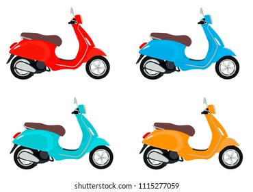 Flat image of a moped. Classic scooter, red, turquoise, blue and yellow