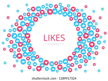 flat image on a white background, round icons with likes and hearts, social networks and the Internet