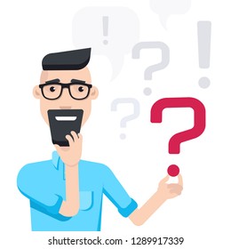 flat image on a white background, a young man with glasses and a beard next to a question mark