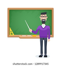 flat image on a white background, a teacher with a pointer stands near the school board, studying at school or university