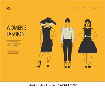 A flat image on a yellow background girls. Visualization of women's fashion, three models for different events, glamorous image, office, ballroom. Vector illustration.