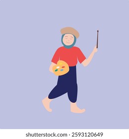 Flat image of painter character of a woman holding Palette and Acrylic Paint Brush