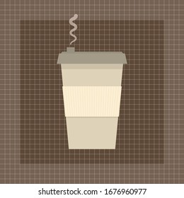 A flat image of a paper cup of coffee to go, brown and beige colors