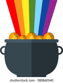 Flat image of pot with coins and rainbow. Eps 10